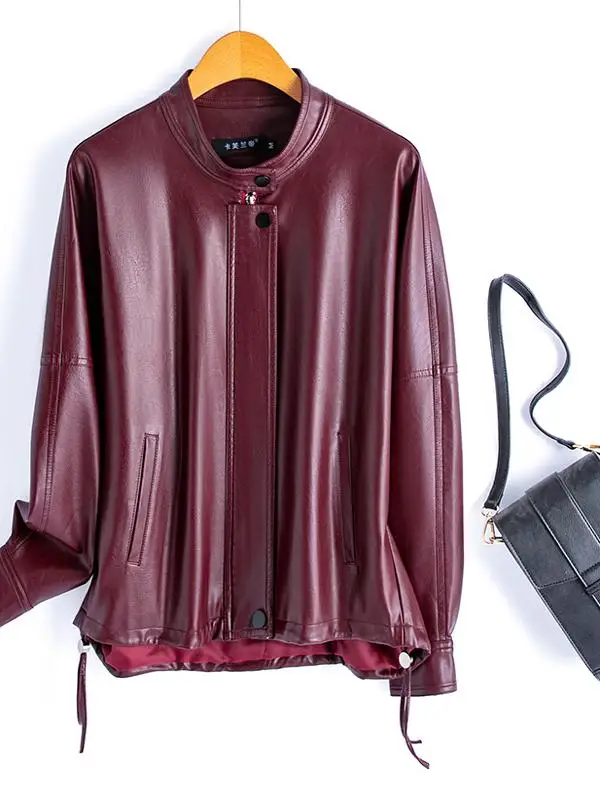 本革ジャケット レディース カジュアル ブラック ルーズジッパーデザイン シープスキンコート 20代と30代の若い女性向け