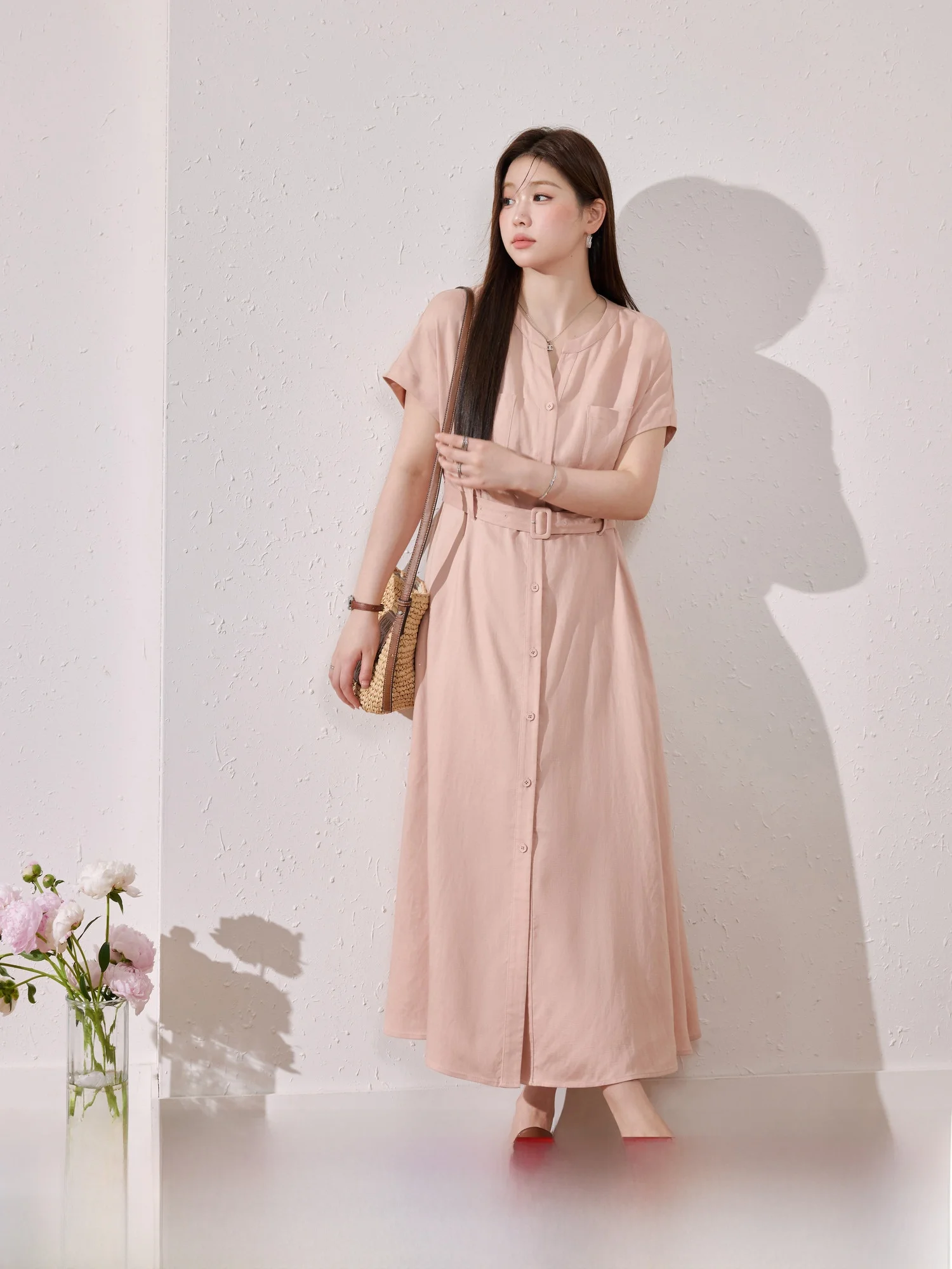 

Ele plus Size Women's Dr Silk Waist Cinching A-Line Long Dr Summer Slimming Meat Covering Workwear