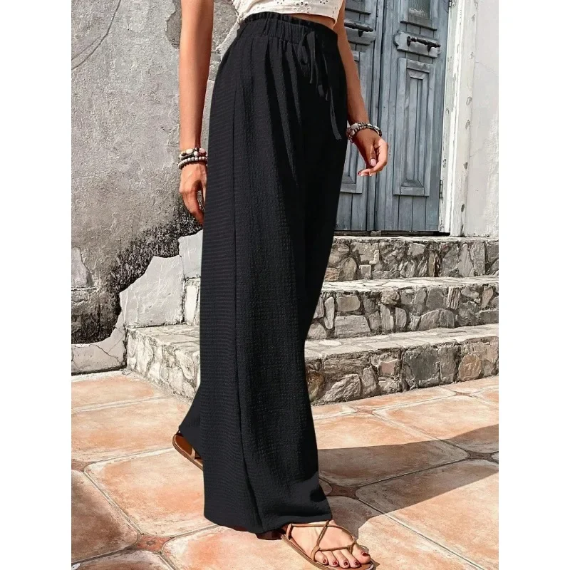 Pantalones de vestir de pierna ancha para mujer, ligeros, de cintura alta, con nudo de lazo ajustable, pantalones de salón sueltos, pantalones casuales de negocios