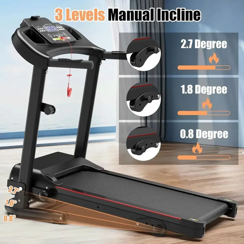 Adjustable Incline Treadmill, 2.5HP Motor, 3-Level Incline, Shock Absorption, Heart Rate Monitor - Suitable for Home, Office, Sm