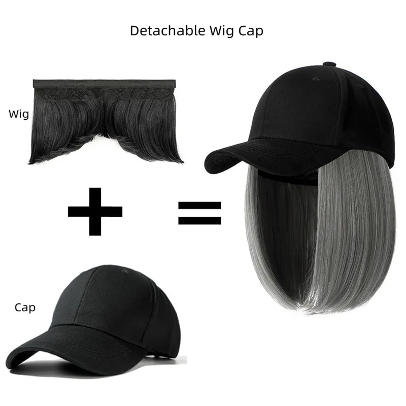 Hair Extensions Fashion Detachable Wig Hat Set Short Straight Bobo Synthetic Wigs Baseball Bucket Cap For Women