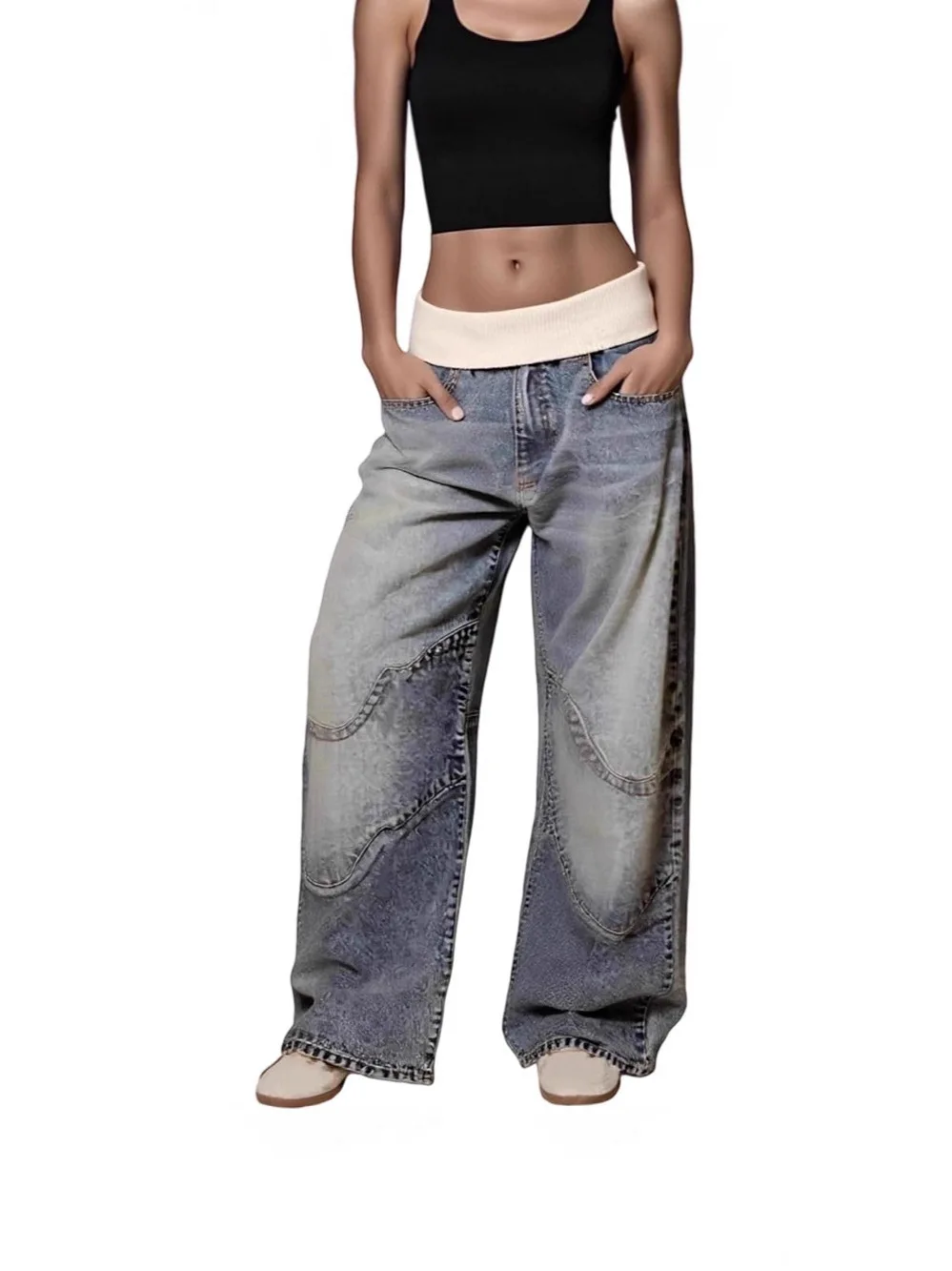 

Винтажные женские джинсы с высокой талией и широкими штанинами, ретро-стиль, с отворотами, из денима, осенние, синие, хлопковые, эластичные