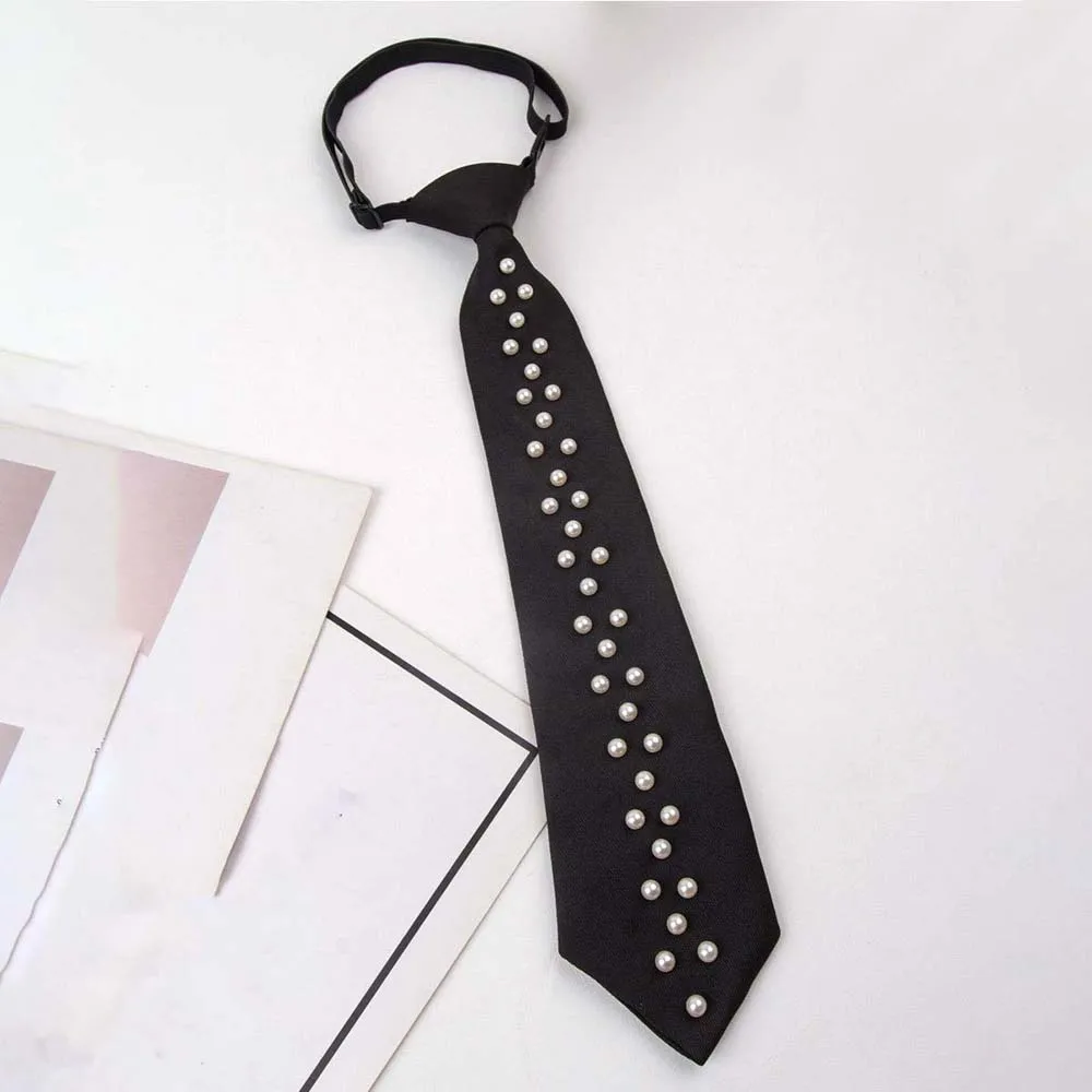 Elegant Korean Style Pearls Tie Black Choker Hand-beaded Long Necktie Geometric Academic Style Decoration Shirt Tie Performance - Image 2