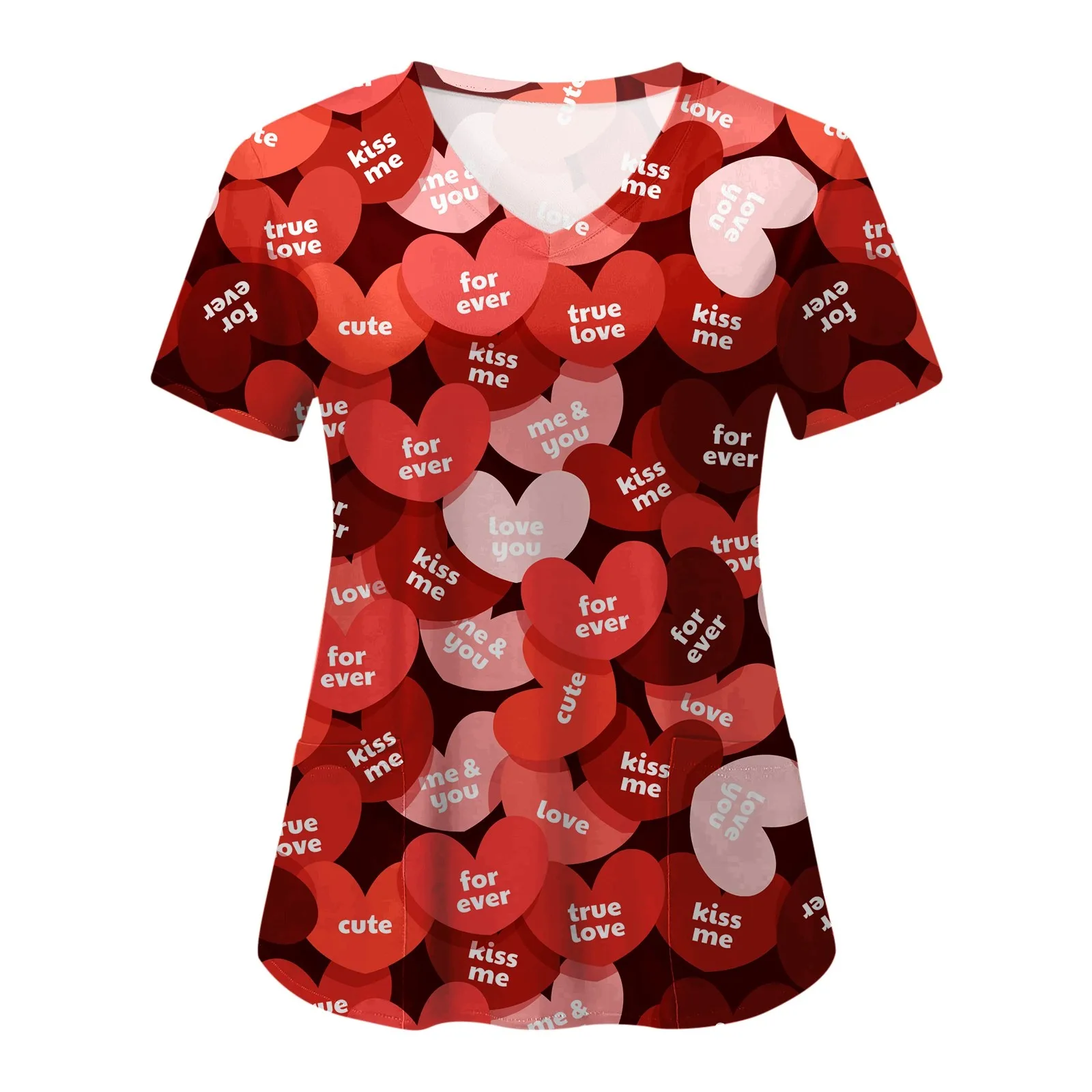 Valentines Day Nurse Uniform Scrubs Tops Women Short Sleeve Heart Print Nurse Working Pockets Medical Overalls Uniforms Nursing