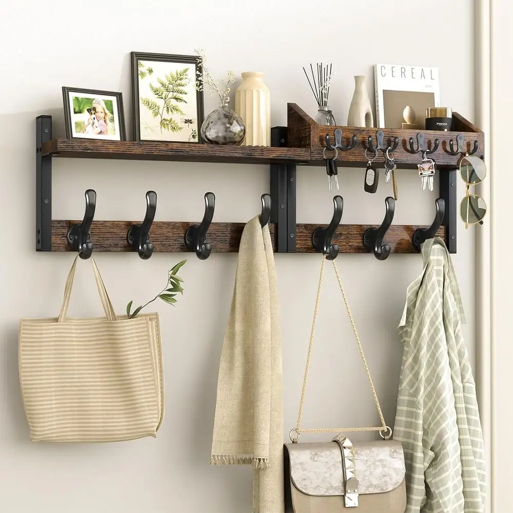 

29 Wall Mount Coat Rack with 11 Hooks, Shel, Mail Holder for Entryway, Living Room, Bedroom - Rustic Brown