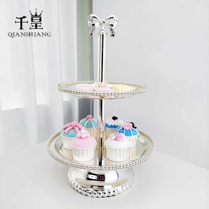 European Three-Layer Beaded Metal Silver Plated Round Cake Plate Wedding Supplies Dessert Table Snack Tray Fruit Plate