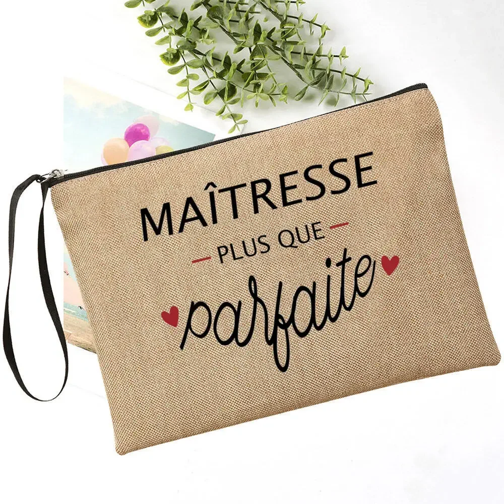 Merci Maîtresse Teacher\'s Storage Bag Thank You Mistress Make Up Pouch Cosmetic Purse Zipper Pouches Gift for Teachers