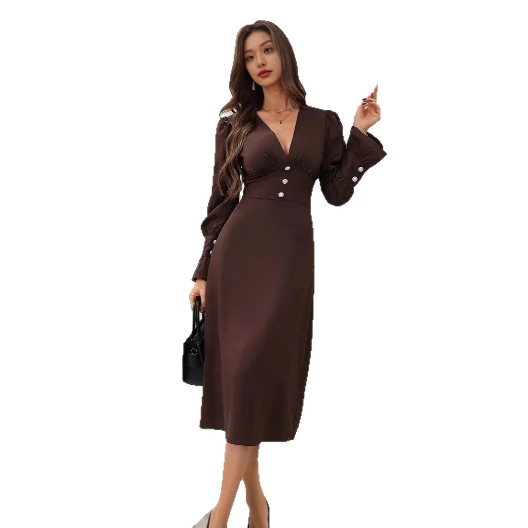 Breijurk Dames shirtjurk met V-hals 2025, herfst, elegante, slanke pasvorm, casual lange jurk met afslankeffect