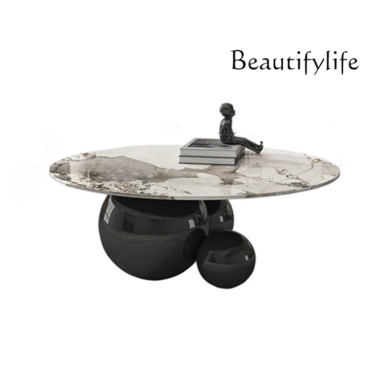 

Italian three-ball round coffee table rock slab creative household modern small apartment stainless steel high-end living room c
