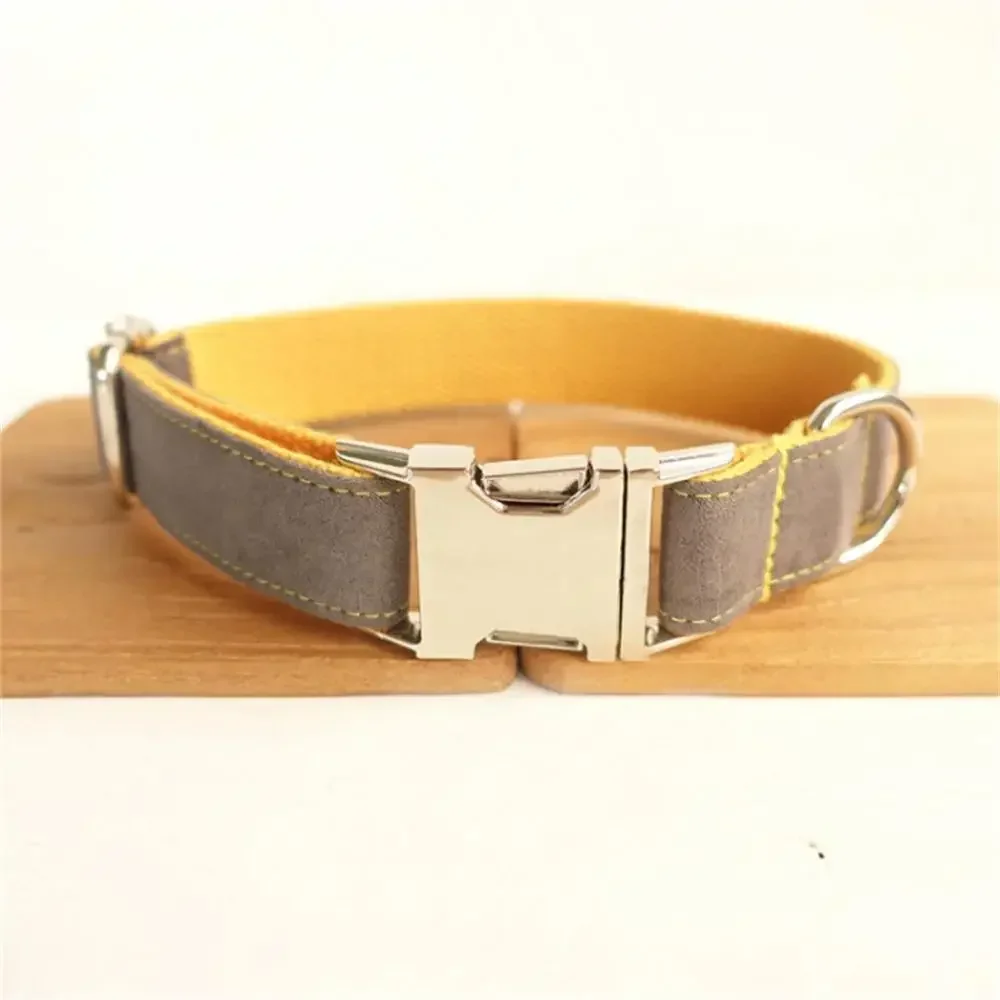 Personalized Dog Collar with Free Engraving, Matching Pet Leash,Customzied Contacts Buckle, Grey VelvetPet Collar