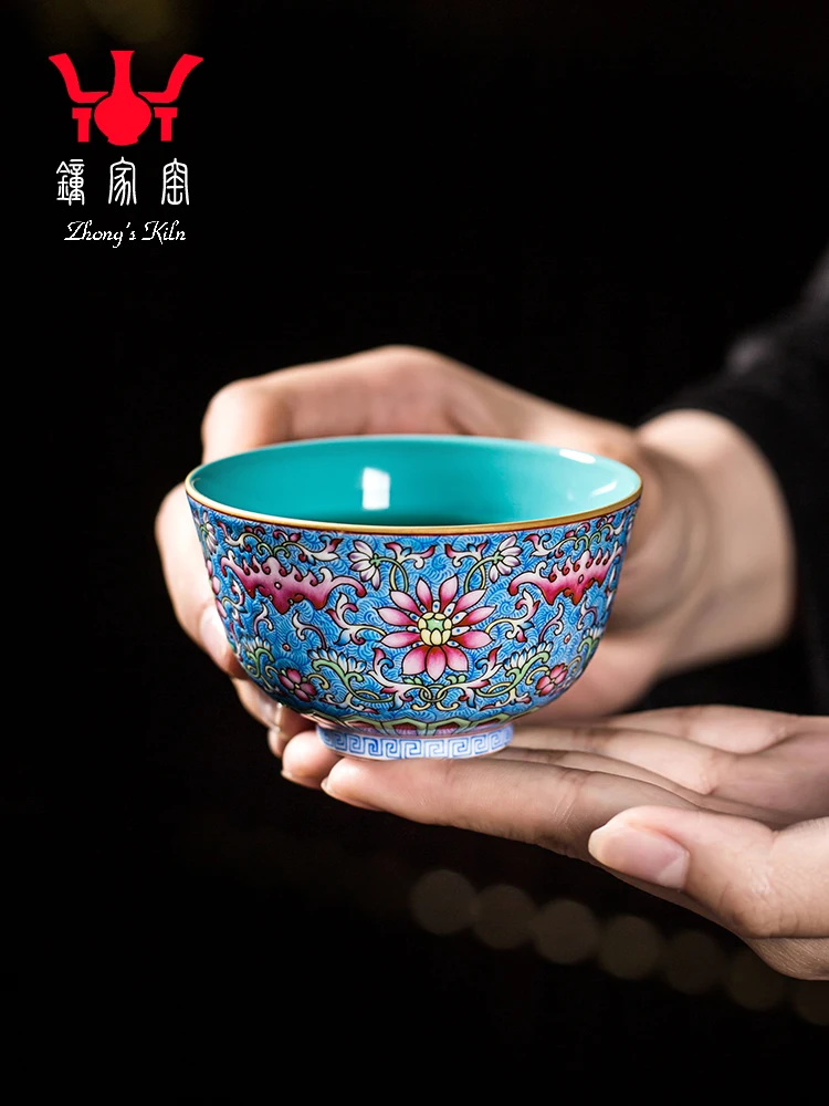 Zhongjiayao Tea Jingdezhen Handmade High End Enamel Colored Turquoise Green Blue Ground Phoenix Tailed Lotus Personal Master