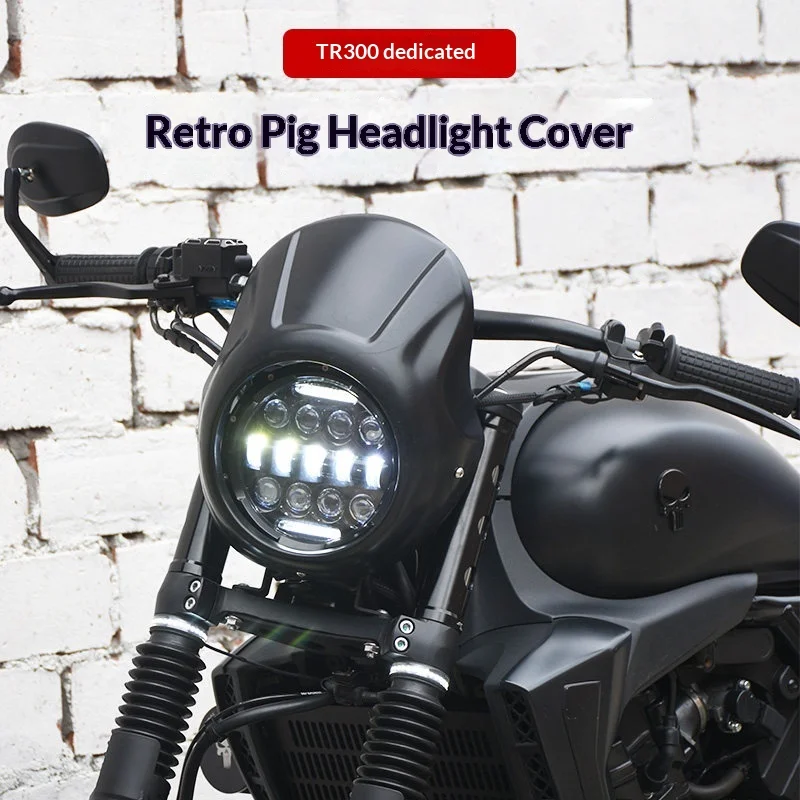 【Premium】For Haojue TR300 modification parts: Vintage pig-head-shaped LED round headlight assembly, motorcycle front windscreen