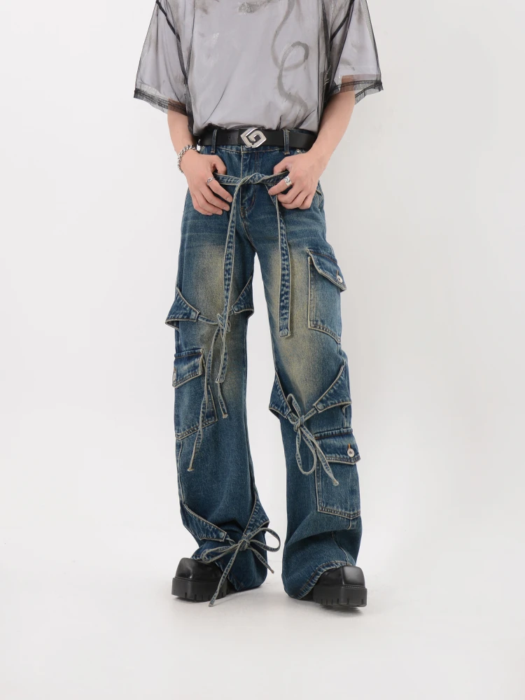 

Niche Designer Design Ribbon Jeans Men's American Retro Multi-Pocket Wide-Leg Pants Fashion