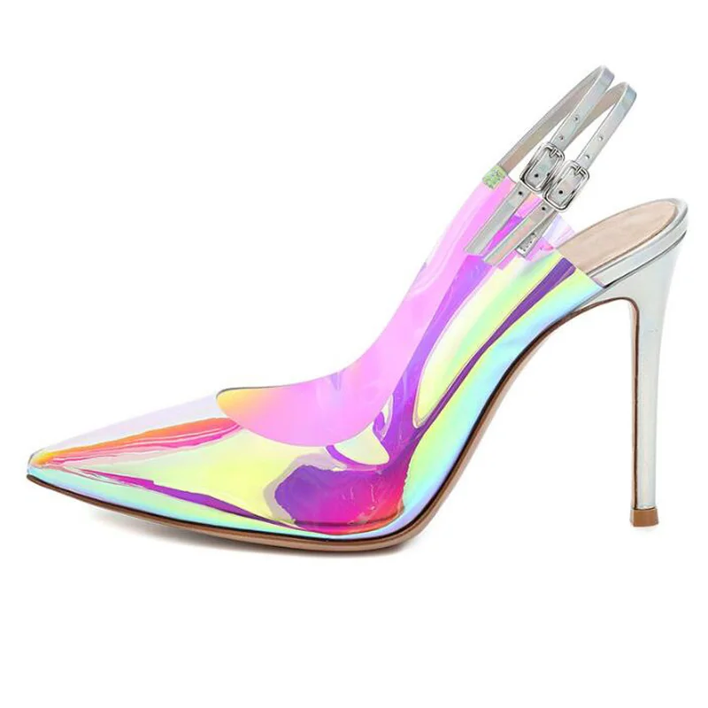 

Colorful Laser PVC Pointed Toe Slingbacks Pumps Double Buckles Stiletto Heels High High Banquet Pumps Party Shoes