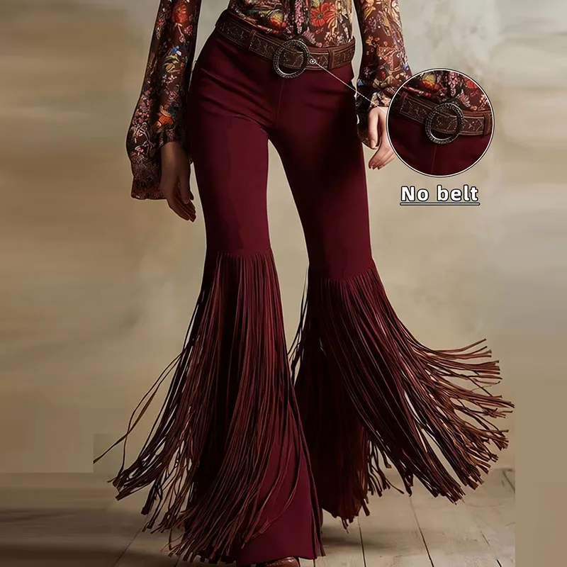 Retro Solid Suede Fringe Flare Pants Women's High Waist Slim Fit Casual Trousers 2026 Spring Fall Streetwear Long Tassel Bottoms