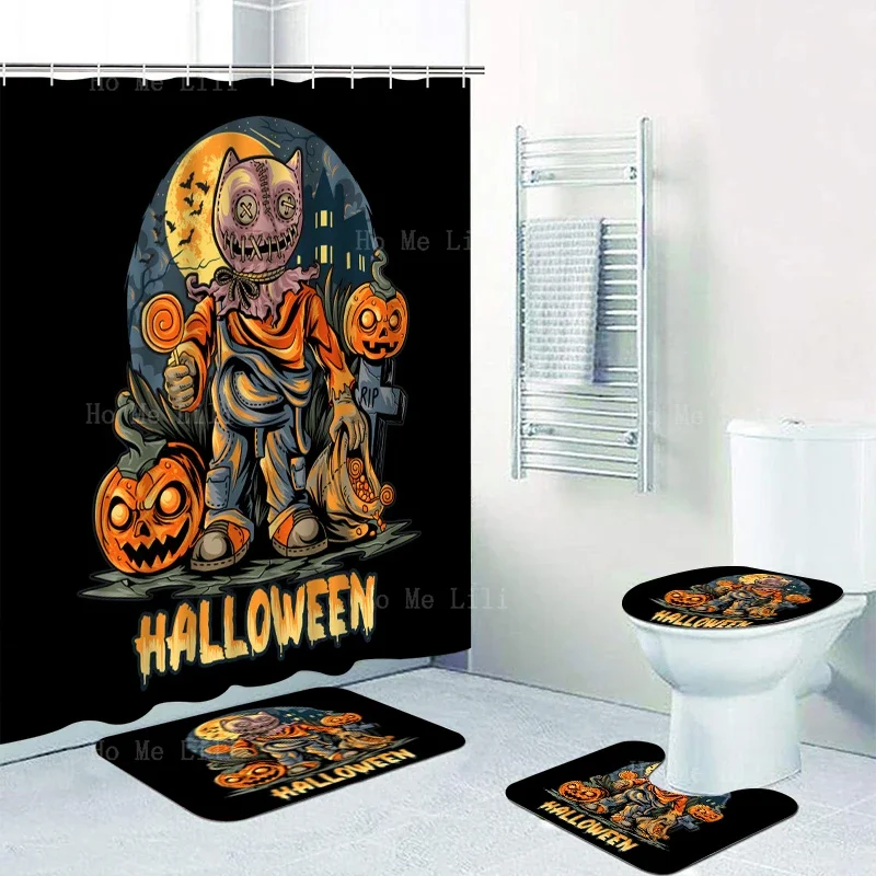 Unique Halloween Pumpkin Graveyard Witch Riding A Magic Broomstick Shower Curtain Sets With Rugs