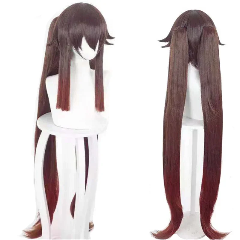 GenshinImpact HuTao Cosplay Pruik Hu Tao 110 cm Lang Bruin Hittebestendige Synthetische Pruik Dubbele Paardenstaart Anime Cosplay Pruik + Pruik Cap