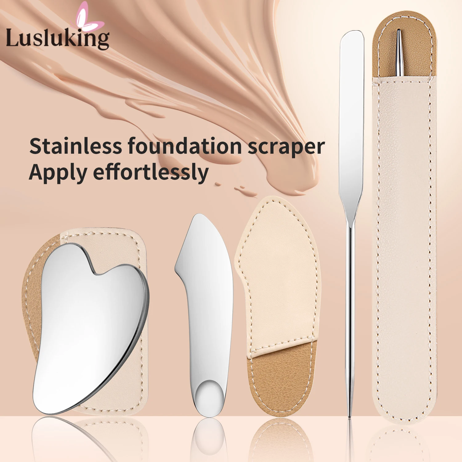 Stainless Steel Foundation Makeup Spatula Cream Spoons Mini Heart Style with Leather Case Multi-Functional Facial Skin Care Tool