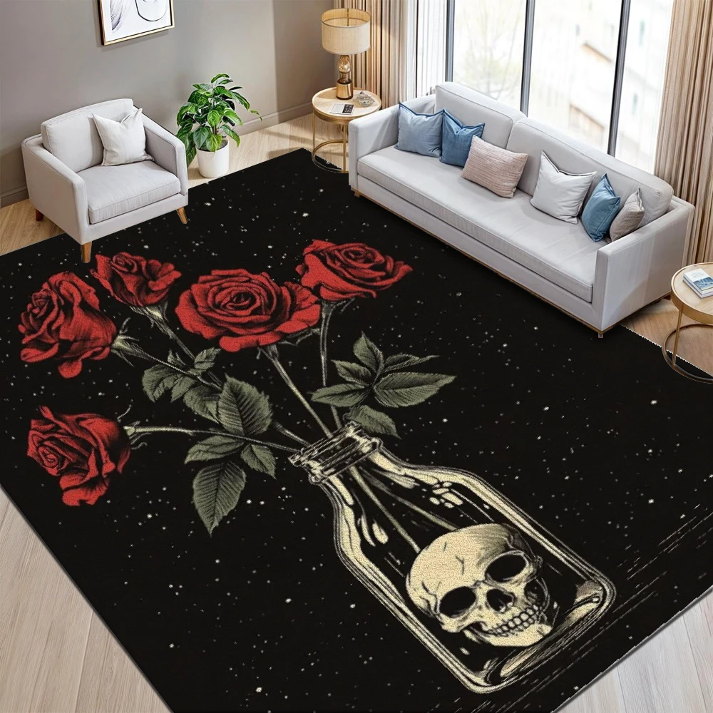 1pc Skull & Rose Plush Area Rug, Large Size, Anti-Odor, Washable, Non-Slip & Durable, Soft Light Velvet Fabric, Ideal Under Bed