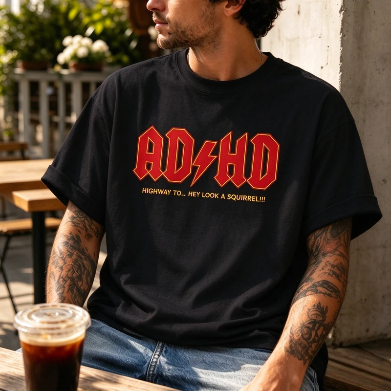 Vintage Rock ADHD Meme T Shirt Men Short Sleeve O Neck Tops Funny Slogan Graphic Casual Daily Wear Street Fashion Y2k Top