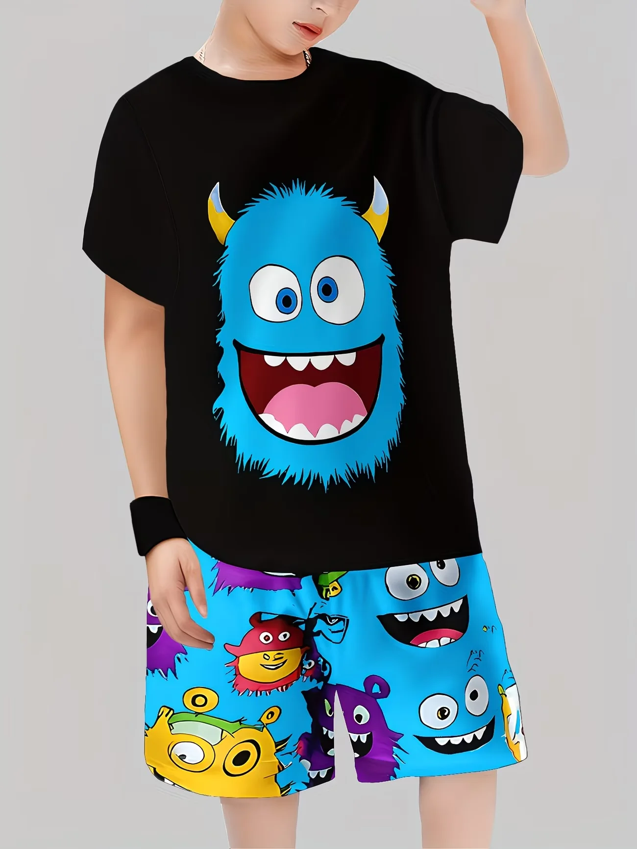 Boys 2Pcs Summer Outfit Monster Print Short Sleeve T-Shirt + Shorts Set  Casual Sportswear Kids Streetwear Tracksuit