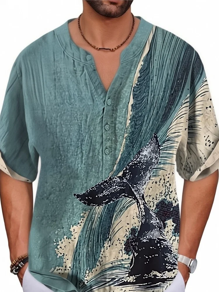 

Holiday Men's Tops Casual Loose short Sleeve V-neck Summer Linen Blend Top Oversized 2026 Whale Tail Print Henley Shirt