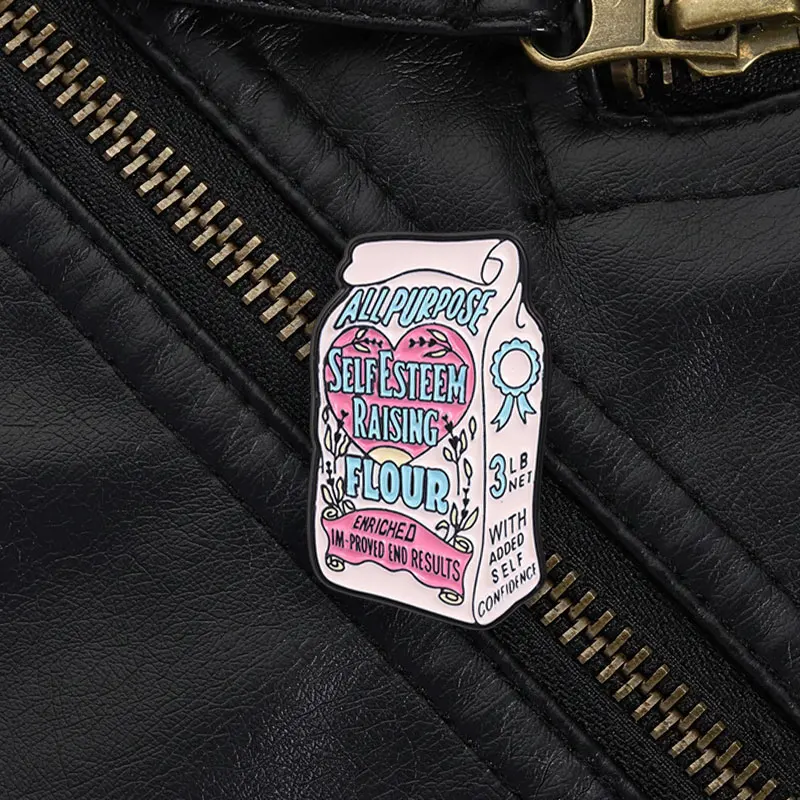 Self Esteem Raising Flour Enamel Pin Retro American Hand Drawn Style with Heart Flower Art for Self Confidence and Joy