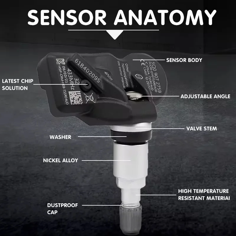 Sensor de Pneus 1/4 Peças # 5Q0907275 Para VOLKSWAGEN AUDI # A3/4/5/6/Q2/5/7/8/RS3/5/TT433MHZ # 5Q0907275, com nova bateria Panasonic 2032