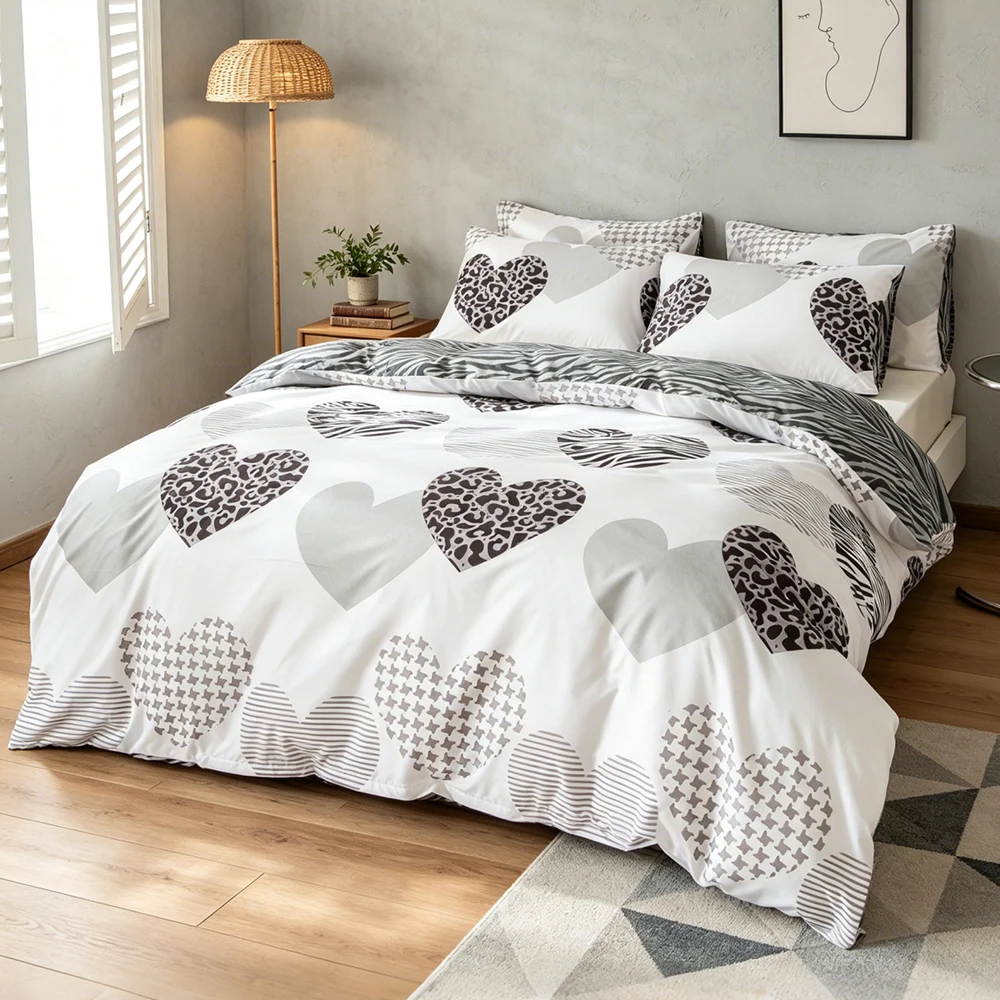 3pcs Leopard print heart-shaped duvet cover set, soft and breathable, modern for bedroom decoration, queen/king size bed