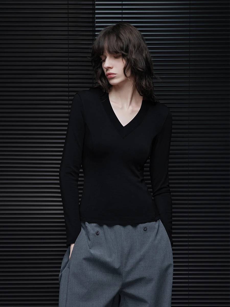 

Bla V-Ne Knitted Base irt Women's Faion Simple Match Allure Early Autumn New Sle Sve Long oulder Drop Regular ...