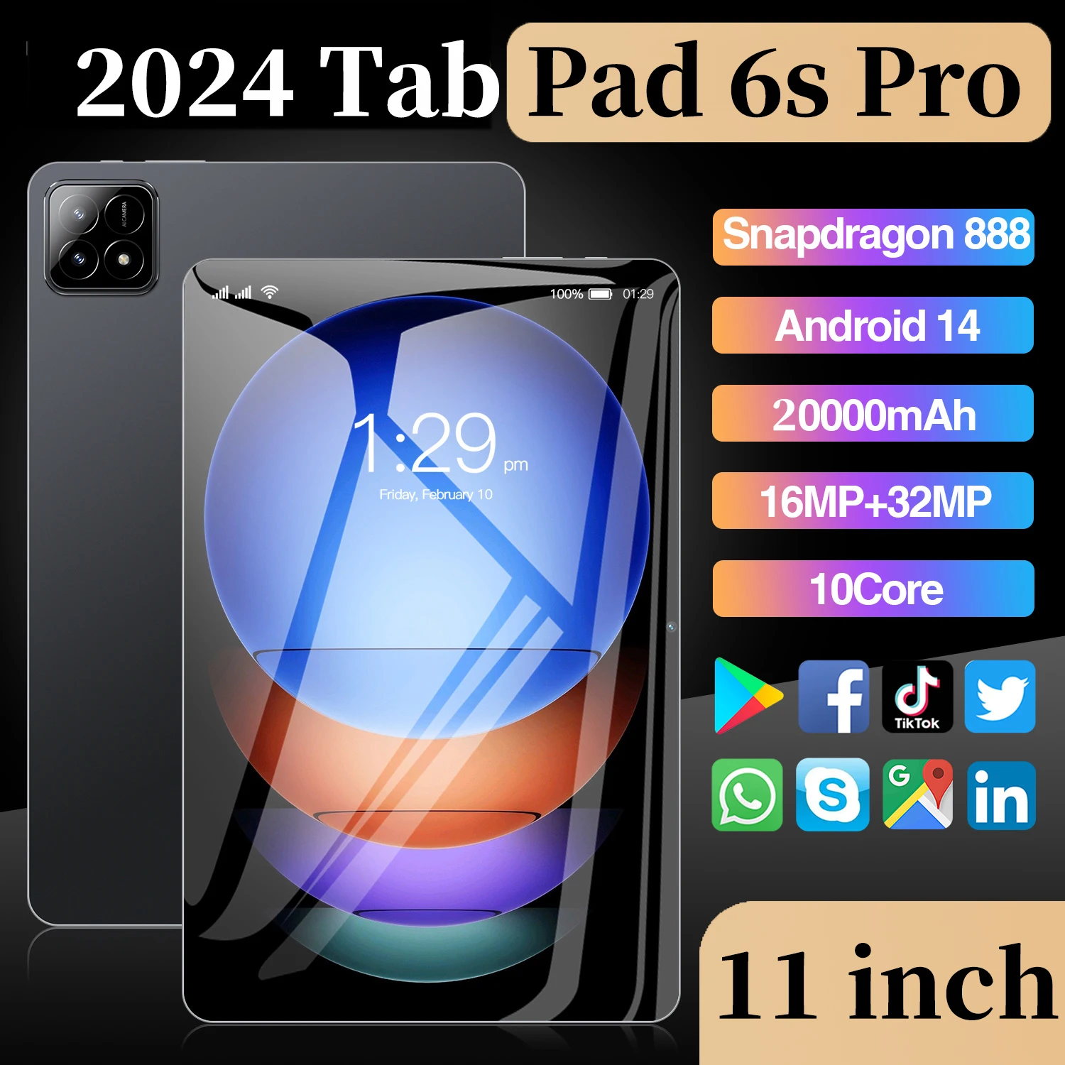 

Pad 6S Pro Tablet Android 14 20000mAh 11inch Global Version Tablets HD 4K 16GB+1T 5G Dual SIM Bluetooth WiFi Android Tablet PC