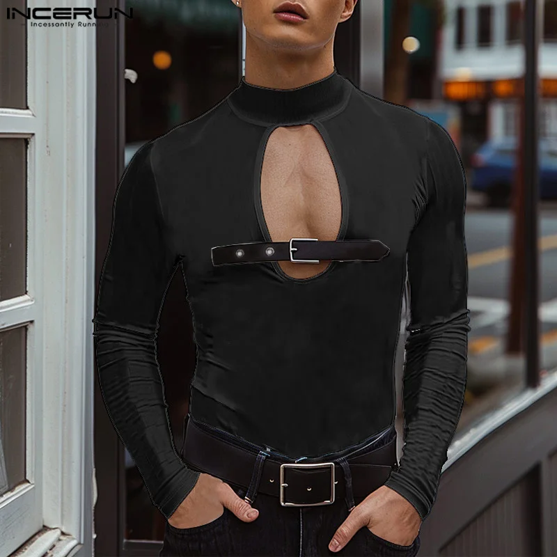 INCERUN Tops 2024 Sexy Men Leather Buckle Loop Hollow Knitted T-shirts Fashion Male Semi High Neck Solid Long Sleeved Tees S-5XL