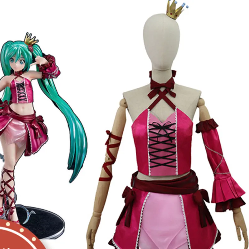 Disfraz de Cosplay de Anime Miku para mujer, vestido rojo vino, sombrero de cantante Virtual, vestidos de fiesta de Halloween