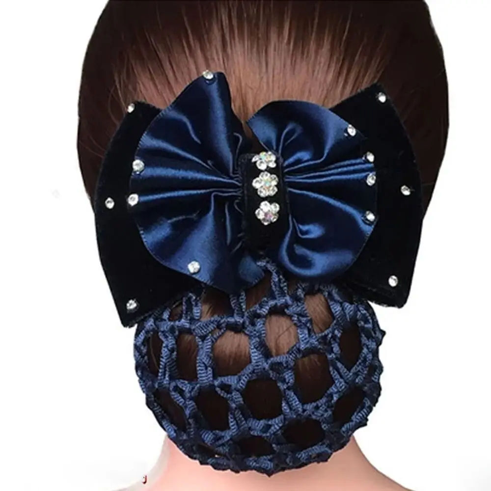 Fashion Lady Rhinestone Barrette Satin Hair Accessories Net Bun Snood Hair Clip Cover Bowknot