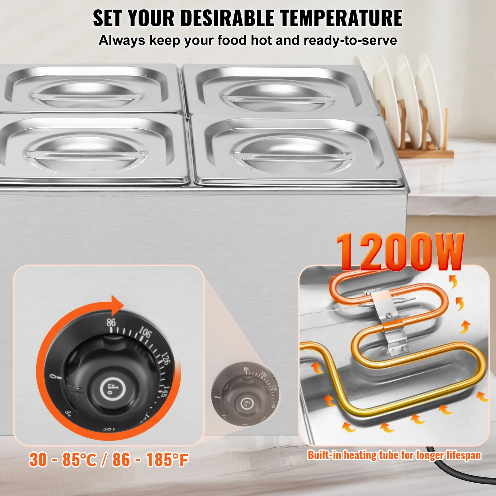 SucceBuy 24QT 6-Pan جهاز تسخين الطعام التجاري 1200 واط طاولة البخار الكهربائية المهنية كونترتوب الفولاذ المقاوم للصدأ بوفيه باين ماري