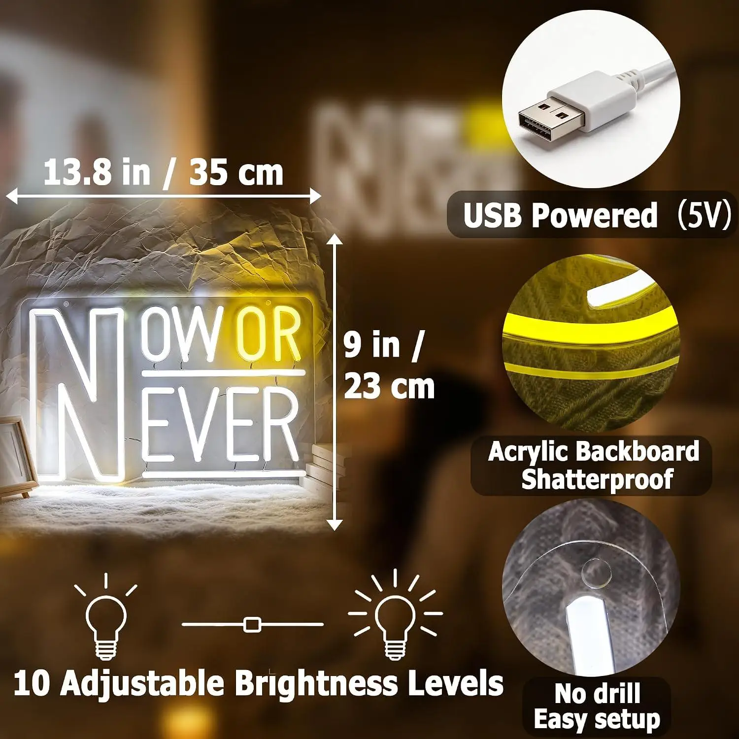 Now Or Never Neon Sign Usb Powered Dimmable Neon Lights For Office Gym Classroom Study Room Motivational Interior Wall Decor