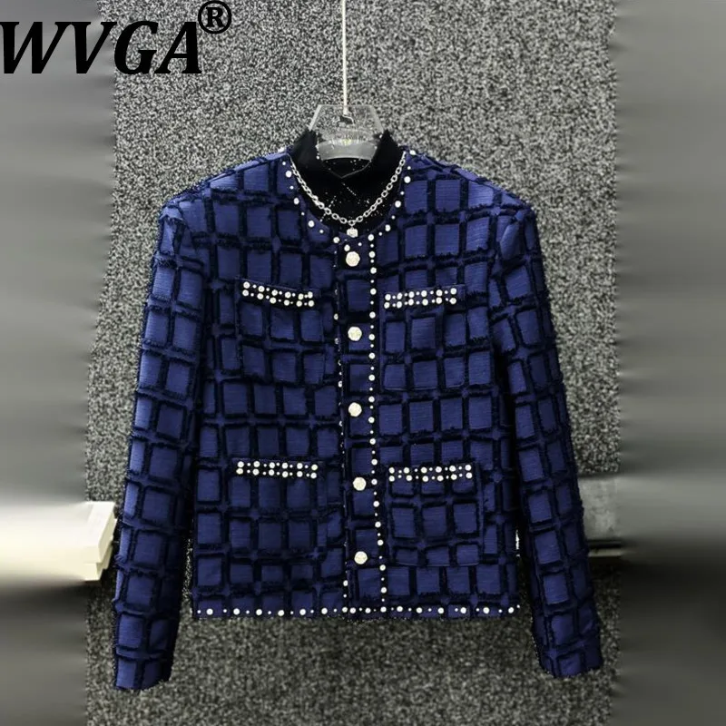 

WVGA Весна Осень Новые Мужчины Tide Pearl Frayed Edge Plaid Pocket Модная Куртка Нишевое Шикарное Повседневное Короткое Пальто с Шипами Ins Y2K W16048
