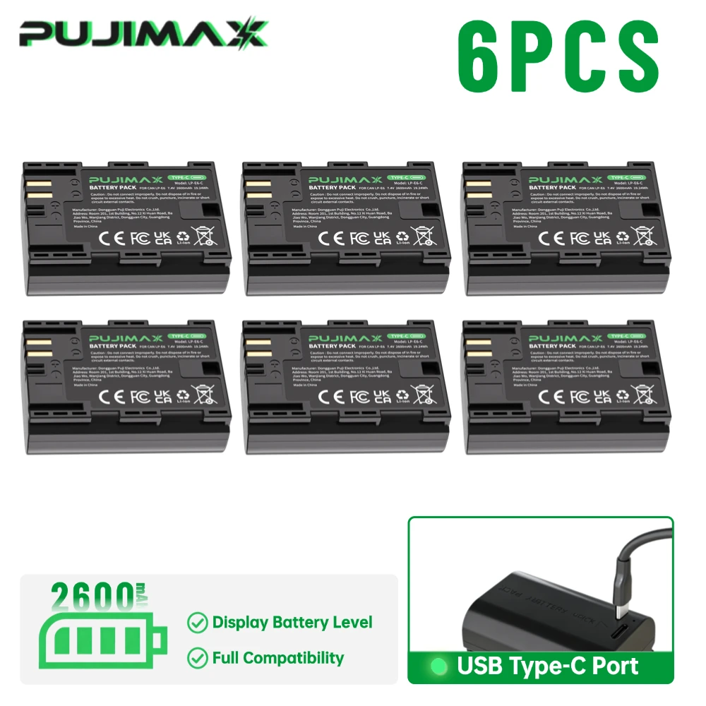 PUJIMAX 6PCS 2600mAh for Canon LP-E6 LP E6N Battery For Canon 5D Mark II III IV 80D 70D 60D 6D EOS 5Ds 5D2 5D3 5DSR 5D4 camera