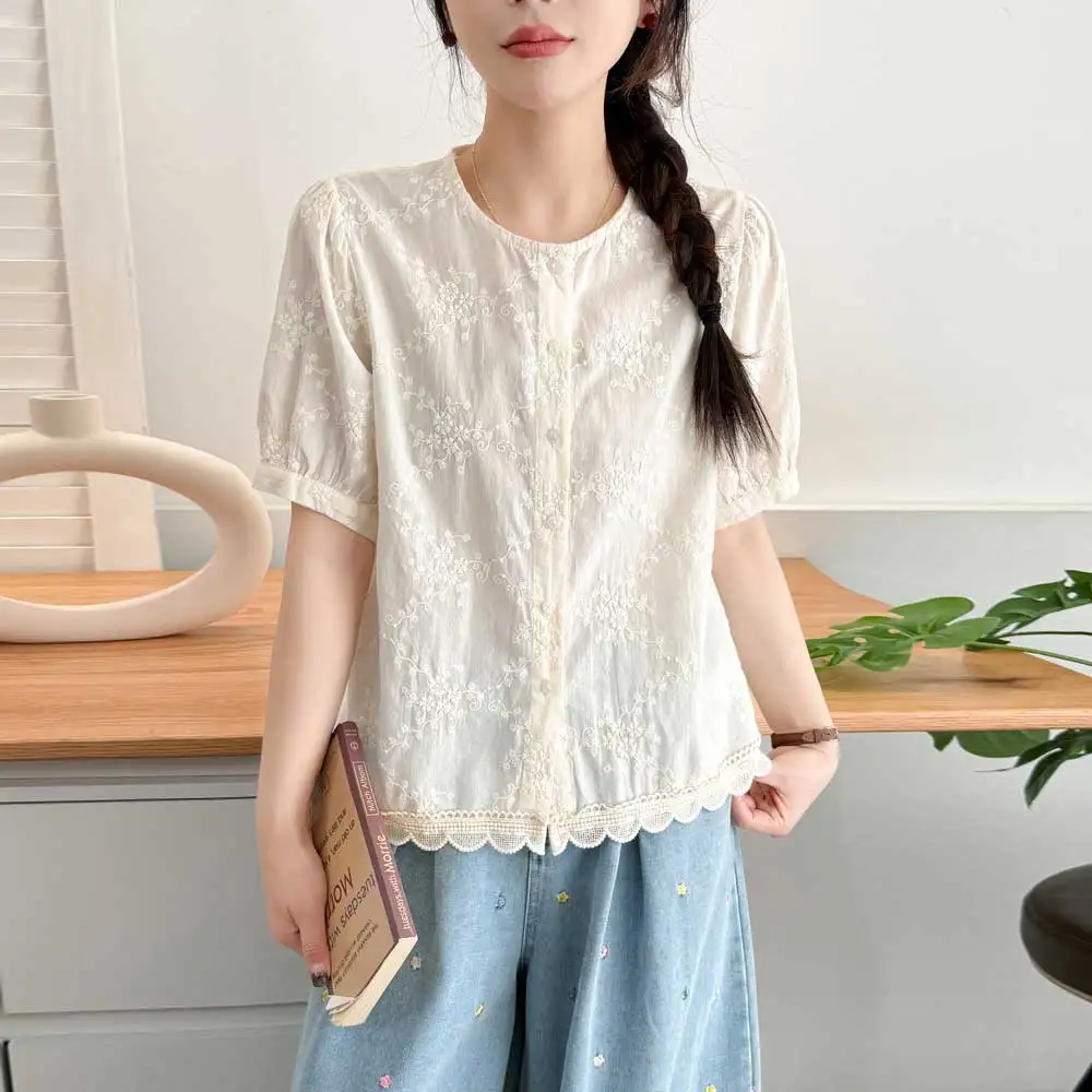

Summer New Japanese Sweet Mori Girl Solid Color Embroidery Shirts Women O-Neck Short Sleeve Single Breasted Casual Blouse Tops