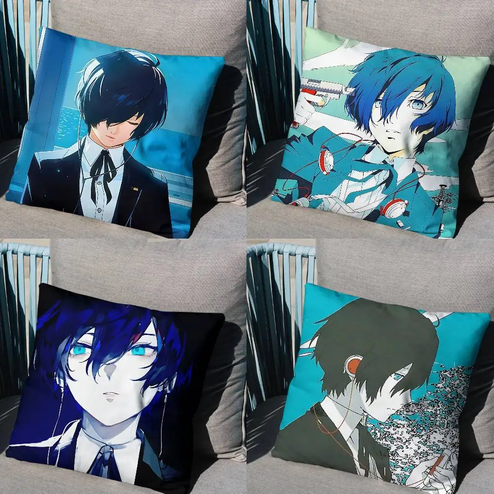 

blue Makoto Yuki game Persona Pillow Case Square Double-Sided Printing Short Plush Sofa Cushion Cover Bedroom Bedside Pillow