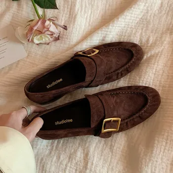 Genuine Leather Chunky Heel Faux Suede Women Loafers Metal Buckle Decoration Flat Casual Shoes for Women Light Women Shoes