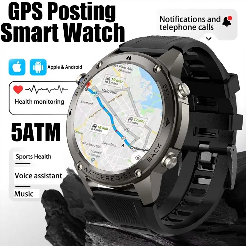 New Outdoor GPS Men Smart Watch Bluetooth Call Compass 10ATM Waterproof Built in Compass Barometric Altemeter 6 Satellite System