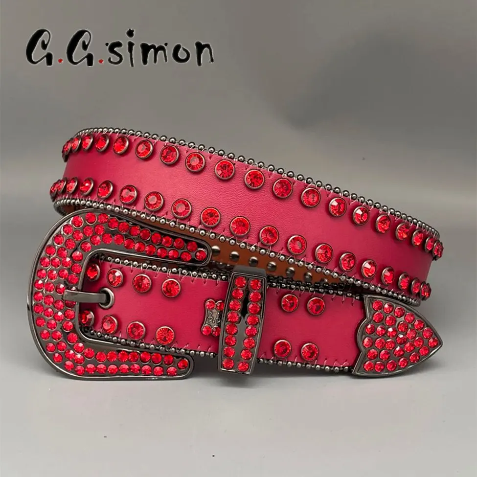 

GGSIMON Red Rhinestone Belt Women Men Fashion Sparkle Strap Western Cowboy Cowgirl Bling Crystal Studded Belt For Jeans Dress