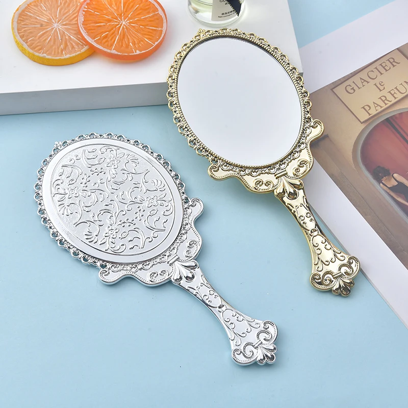 

2025 New Fashion Round Retro Handle Lace Pattern Handheld Beauty Mirror Travel Portable Handheld Mirror Skincare Tools