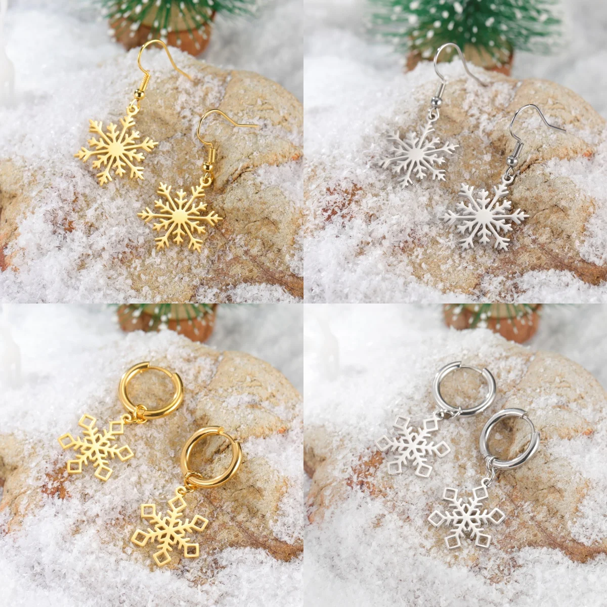Lucktune Christmas Snowflakes Earrings Stainless Steel Snow Flower Hoop Earrings for Women Girl Fashion Daily Ear Jewelry Gifts