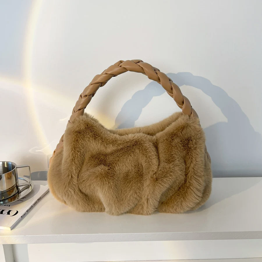 

Мягкая зимняя пушистая сумка-тоут для женщин с плетеными ручками, в корейском стиле, на одно плечо, однотонная, на молнии