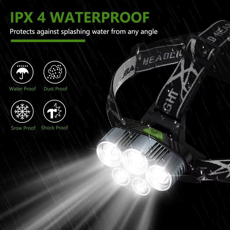 Linterna frontal de 5 LED recargable, 6 modos, lámpara de acampada al aire libre para pesca y senderismo