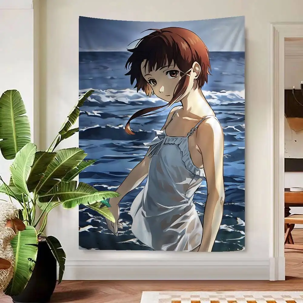 Tapiz hippie Serial Experiments Lain: diseño con temática de anime, funciona como alfombra de pared, ideal para colgar en la pared al estilo hippie.