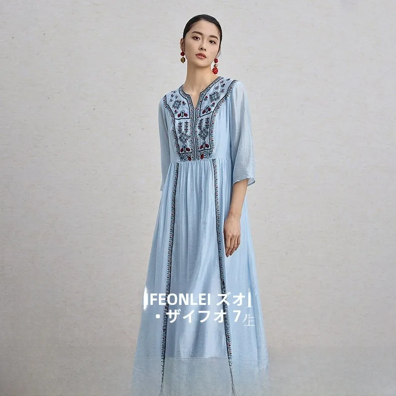 

Ele Embroidered Loose Fit Dr Vintage Sle A-Line Skirt Ladies Spring New Arrival Comfortable Slimming V-Ne Dr