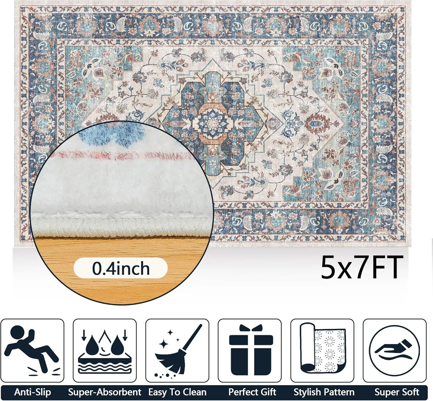 Stain Resistant Washable Rug Non-Slip Rug Vintage Boho Rug Non-Shedding Carpet for Bedroom Dining Room Kitchen Living Room
